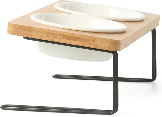 Elevated Cat & Small Dog Ceramic Bowls with Bamboo Stand - 15° Tilted Feeding Dishes for Comfort